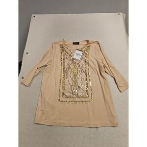 Bob Mackie Wearable Art Tan Sequin Embellished 3/4 Sleeve Top Size L NEW